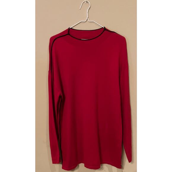 Chico’s Size 1 Red Long Sleeve Cotton Blend Top Black Piping Trim Neck & Sleeves - Picture 1 of 7